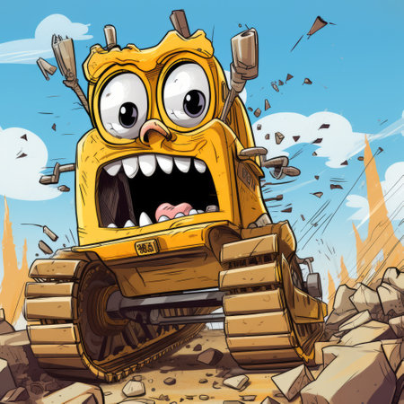 a cartoon bulldozer is seen driving through the dirt in this digital painting. the style of the artwork is reminiscent of grotesque caricatures, with bold and manga-inspired characters. the bulldozer is depicted in yellow, adding a vibrant touch to the scene. the illustration also incorporates elements of kombuchapunk and references to the intel core and necronomicon. ai generatedの素材