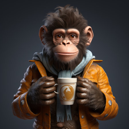 a 3d monkey, resembling a chimpanzee, holds a cup in its hand. this candid shot captures the playful nature of the monkey, with its expressive eyes and realistic features. the monkey's yellow and orange fur adds a vibrant touch to the image, while the 3d rendering gives it a hyper-realistic and raw character. perfect for fans of simplistic characters and sci-fi aesthetics, reminiscent of theの素材