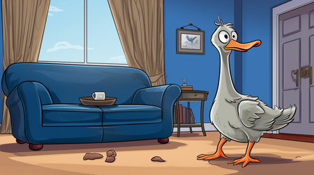 a cartoon illustration featuring a duck-like character is depicted in a moody and tranquil scene with eroded interiors. the life-like avian illustrations are enhanced by the use of the zeiss milvus 25mm f14 ze lens. the domestic interiors are portrayed in shades of gray and blue, creating a visually captivating atmosphere. ai generatedの素材