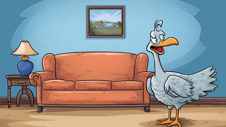 a white bird perches next to a living room sofa, creating a whimsical scene reminiscent of a comic cartoon. this isolated landscape, with its social commentary and artistic frame, showcases the unique style of the artist. the use of hdr enhances the vibrant colors and details, while the inclusion of duckcore elements adds a touch of playfulness. this illustration delves into psychological phenomena, making itの素材