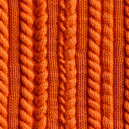 a close-up photograph of a knitted background showcasing the vibrant texture of orange yarn. the high-resolution image captures the striking symmetrical patterns created by the twisted branches, giving it a unique snailcore aesthetic. the combination of stripes and shapes adds depth to the 32k uhd composition, making it a visually captivating piece in the style of kimoicore. ai generatedの素材