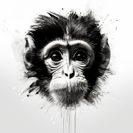 a black and white illustration of a monkey, created in a minimalistic design with a color splash effect. this artwork combines elements of maranao art, explosive wildlife, watercolor technique, and precisionism. the monkey's serene face is beautifully captured, adding a sense of tranquility to the image. ai generatedの素材