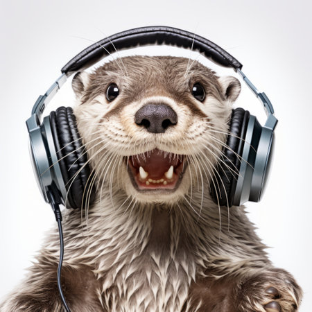 a lively portrayal of a hound wearing headphones, with its ears open, captured in the style of john wilhelm. this wildlife photograph showcases the exuberant movement of the otter, creating a unique cultural mash-up with a touch of musical academia. the image beautifully combines elements of wildlife photography and the artistic concept of "mosscore.", ai generatedの素材