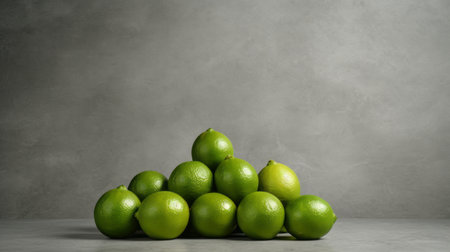 green limes are arranged in a pyramid shape on the ground, against a gray background. the photo showcases an elaborate fruit arrangement with textured backgrounds. the image has a touch of hispanicore and minimal retouching, resulting in a monochromatic and visually striking composition. it also incorporates elements of carcore and chinapunk aesthetics. ai generatedの素材