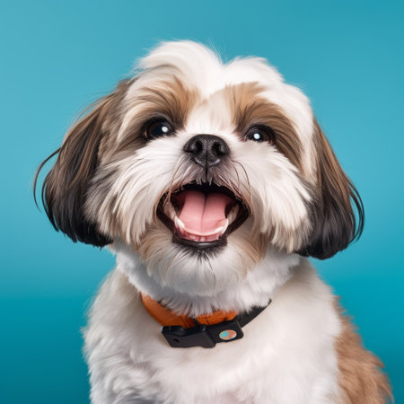 a cute dog with a collar sits up in a studio portrait. the photo is captured in a style featuring light teal and orange tones. the detailed and accurate image showcases the dog's cheerful demeanor. the use of the tokina at-x 11-16mm f/2.8 pro dx ii lens adds depth to the composition. the overall aesthetic is reminiscent of smilecore and wimmelbilder art. ai generatedの素材