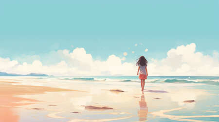 a girl walks on the beach in this dreamlike illustration, featuring a flat perspective and a realistic color palette. the image captures a sense of childlike wonder and is reminiscent of the style of edogawa ranpo. the horizons add depth to the scene, creating a captivating visual experience. ai generatedの素材