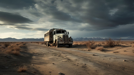 an old truck travels down a desert road, evoking the post-apocalyptic style of heiner luepke, peter lindbergh, and elsa bleda. this gloomy metropolis, captured with a nikon d750, showcases a romantic and dramatic landscape. ai generatedの素材