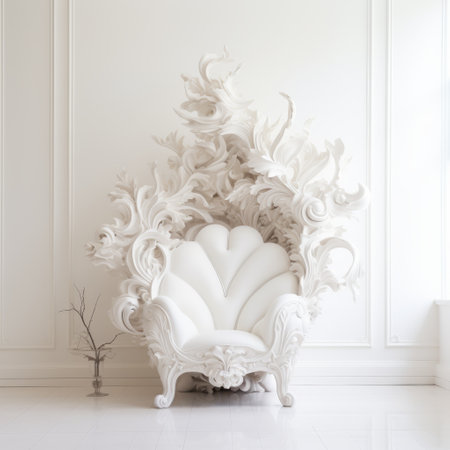 a chair with ornate details in white and a dark frame, showcasing a surreal naturalism style with elements of rococo realms and futuristic minimalism. this life-sized installation features a rococo-inspired design, with intricate details and a color palette of light beige and white. the uhd image captures the beauty and intricacy of this unique chair. ai generatedの素材