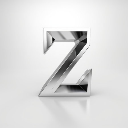 a silver letter z stands out on a white background, showcasing bold geometries and thin steel forms. this striking design, reminiscent of john wilhelm's style, features faceted shapes and realistic hyper-detail. the image evokes a sense of security camera aesthetics and hard-edged precision. ai generatedの素材