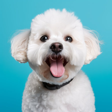 a white poodlepunk dog with a mischievous grin on her face, captured in the bold color field style of mike campau. this playful yet sophisticated canine showcases lively facial expressions, while the large format lens highlights the light white and light blue tones. ai generatedの素材