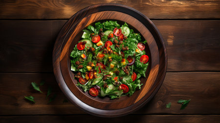 a black and white salad is beautifully presented in a wooden bowl, showcasing a unique blend of dark green and turquoise colors. this high-resolution image, captured by abdel hadi al gazzar, features a striking contrast between red and green elements, complemented by hints of dark yellow and green. the overall composition is enhanced by a touch of light brown and green tones, creating a visuallyの素材