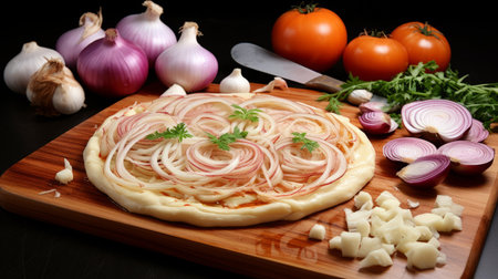 a pizza on a wooden board, adorned with onions and tomatoes, is captured in a kitchen still life composition. the image showcases vibrant colors of light magenta and amber, with free-flowing lines adding a dynamic touch. against a black background, the pizza's intricate carving stands out. shot at iso 200, the overall lighting is a blend of soft white and light beige tones. ai generatedの素材
