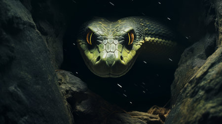 a tiger slithers like a cobra in a dark rock cave, captured in a hyper-realistic style of portraiture. the photograph, inspired by japanese photography, showcases the tiger's intense facial expression. rendered in cinema4d, the image features a striking combination of dark yellow and green tones, reminiscent of the works of paulus potter. ai generatedの素材