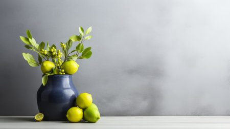 fresh lemons arranged in a blue vase on a table, showcasing a dark gray and green color scheme. the background is decorative, drawing inspiration from oriental minimalism and featuring elements of concrete. the composition skillfully combines traditional mexican style with minimalist spare simplicity. ai generatedの素材