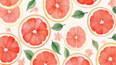 a seamless pattern featuring grapefruits and leaves in bold and vibrant watercolors. the light red and light orange hues create a captivating design. this pattern showcases meticulous details and delicate markings, with charming character illustrations. the traditional techniques used in this design have been reimagined, resulting in an eye-catching and visually appealing pattern. ai generatedの素材