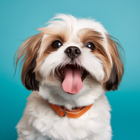 a lively dog with its tongue out gazes at a vibrant blue backdrop. this photo, captured with a canon eos 5d mark iv, showcases the dog's expressive face and contrasting teal and amber colors. the smooth and polished style of this image is reminiscent of a persian miniature painting. ai generatedの素材