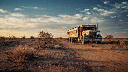 an old, large truck sits abandoned in a desolate landscape, reminiscent of pop culture imagery and national geographic photos. this 32k uhd image captures the essence of the american barbizon school, with its desertpunk aesthetic and soft, romantic scenes. ai generatedの素材
