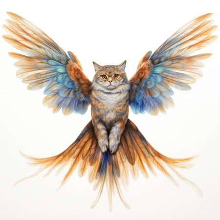 a cat with blue wings is captured in a hyper-detailed and realistic style, showcasing light brown and orange hues. this surrealistic installation features a hyperrealistic wildlife portrait, with hand-painted details and a detailed character illustration. the cat's angelic appearance adds a touch of angelcore to the overall composition. ai generatedの素材