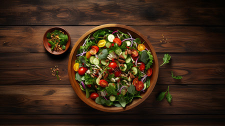 a bowl of fresh salad, featuring a variety of green vegetables, is beautifully presented on a rustic wood background. the vibrant and lively hues of the vegetables create a visually appealing display. this high-resolution image, captured by the talented photographer caras ionut, showcases the precisionist lines and attention to detail. mandy disher, an award-winning photographer, has skillfully captured the essence of this earthcore-inspired dish. aiの素材