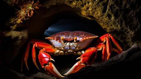 a large, solitary creature with reddish and black stripes stands inside a cave, creating a captivating image in the style of carnivalcore. the softbox lighting enhances the hyperrealistic wildlife portrait, reminiscent of dutch marine scenes. the vibrant colors of red and gold add a touch of elegance to this stunning photograph captured with a nikon af600. ai generatedの素材