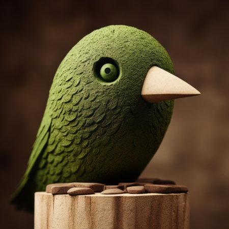 a green plastic bird perches atop a wooden block in this surrealistic detail. rendered in cinema4d with the zeiss planar t 80mm f/2.8 lens, the avocadopunk-inspired scene showcases organic stone carvings and a punctuated caricature. the telephoto lens captures every intricate element of this unique composition. ai generatedの素材