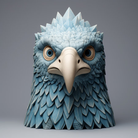the 3d eagle skull features a wide forehead and is depicted in a quirky portrait style. the colors used are light cyan and indigo, adding to its inventive character design. the skull is showcased within an absurdist installation, incorporating playful textures and nature-based patterns. geometric animal figures are also incorporated into the design. ai generatedの素材