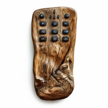 the wooden remote control features buttons and a handle made of wood, inspired by the style of figurative naturalism. this design draws influences from artists such as justin gaffrey, aaron siskind, and carlos schwabe. the remote control stands out with its intricate landscapes and elements of bio-art. ai generatedの素材