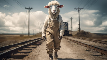a sheep walks over railroad tracks in the style of sacha goldberger, showcasing the expressive character design of jeff legg. this powerful and emotive portraiture captures the unique essence of the sheep, creating a visually stunning uhd image reminiscent of the work of casey weldon. ai generatedの素材