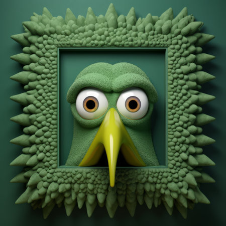 the green bird, rendered in cinema4d, is captured within a green framed tree. this artwork by igor kieryluk showcases grotesque caricatures and realistic animal portraits. the sculpted bird exhibits neoplasticism and a tactile texture. ai generatedの素材