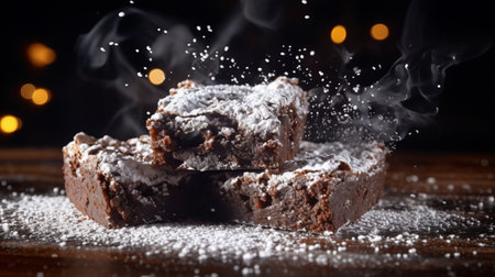 chocolate brownies are showcased in this captivating black and white stock photo, reminiscent of depictions of inclement weather. the high-definition image features a bokeh panorama with a poured, smokey background. the scattered composition and dazzling chiaroscuro lighting add an artistic touch to this delectable treat. ai generatedの素材