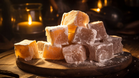 a photo of turkish candy, delicately wrapped in sugar, cotton, and ribbons. the rough hewn surfaces add a unique touch to the atmospheric and moody lighting. the color palette consists of light pink and light amber, creating a visually pleasing kitchen still life. the composition includes carved wood blocks and utilizes focus stacking techniques for a soft-focus effect. ai generatedの素材