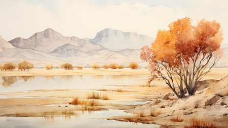 an autumn landscape illustration in watercolor, featuring a realistic and detailed rendering of a calm waterscape. the painting, done in the style of desertwave, showcases a combination of light beige and orange hues. this uhd image captures the essence of an australian landscape, with a touch of post-apocalyptic vibes. ai generatedの素材