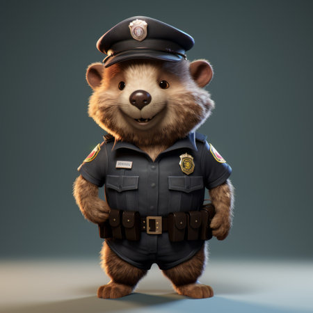 a cartoon teddy bear in a hyperrealistic officer uniform, holding a badge. this playful artwork by raphael lacoste combines elements of photorealism and sharp, prickly characterizations of animals. the use of vray tracing enhances the website's visual appeal, with a skillful play of light and shadow. ai generatedの素材