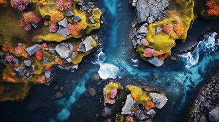 aerial photography of iceland for a travel guide, showcasing colorful textures and organic nature-inspired forms. this uhd image, created using unreal engine 5, captures the hyper-realistic water in shades of yellow and aquamarine. the fly-by perspective offers a unique view of iceland's stunning landscapes. ai generatedの素材