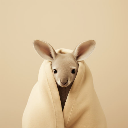 a beautiful rabbit, wrapped in a blanket, showcases the essence of oriental minimalism. with minimal retouching, this photo tells a playful story, capturing the fawncore aesthetic. the color palette of beige and amber adds warmth, while the photorealistic accuracy highlights the intricate details. native australian motifs further enhance the visual appeal. ai generatedの素材