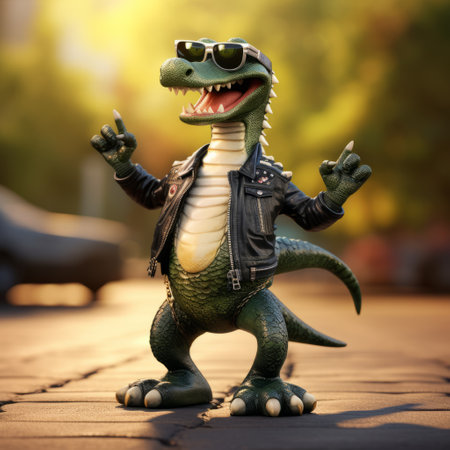 a clay dinosaur, resembling a rock and roll singer, is captured in this vibrant photo. the image showcases the artist's mastery of vray tracing, inspired by the street style realism of raphael lacoste. with its 8k resolution, the photo beautifully highlights the joyful and optimistic character design, reminiscent of the playful creations by bill gekas. ai generatedの素材