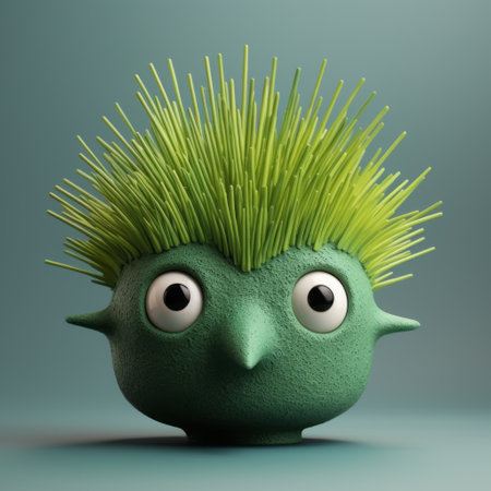a tall, green, furry tree moss ball 3d printed ornament, featuring a cartoonish character design. this surrealistic portraiture, rendered in cinema4d, showcases spiky mounds and a strong facial expression. the ornament also includes naturalistic bird portraits and flowerpunk elements. ai generatedの素材