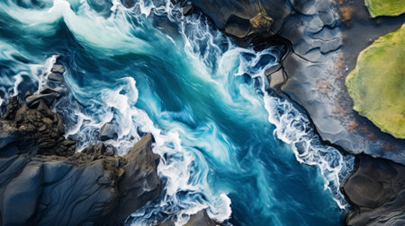 aerial abstraction of a norwegian nature scene captured by dimitry roulland. this hyper-realistic photograph showcases swirling colors of dark white and turquoise, with water flowing over the edge. the photorealistic details bring out the beauty of the scenery, creating a mesmerizing visual experience. ai generatedの素材