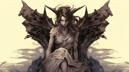 a woman, in the style of artgerm, marco mazzoni, and bryan hitch, sits on a hill with two demons on her back. the artwork showcases bold manga lines, with a dark white and brown color palette. the close-up intensity of the portrait adds to its captivating nature. ai generatedの素材