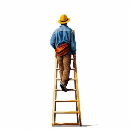 a man on a ladder is depicted in this realistic watercolor illustration, showcasing a blend of dark yellow and light azure tones. the artwork captures hyper-realistic portraiture, emphasizing the subject's role as an animated film pioneer. the composition is skillfully executed with a realistic perspective and meticulous attention to detail, resulting in life-size figures that truly come to life. ai generatedの素材