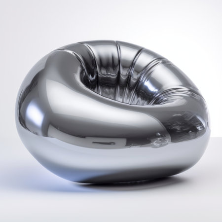 a silver ball chair and other art by michael pattinson, rendered in cinema4d, showcase the smooth and shiny aesthetics of zaha hadid's style. the ceramic pieces, with mirrored surfaces, embody the abstract minimalism that zbrush enthusiasts appreciate. ai generatedの素材