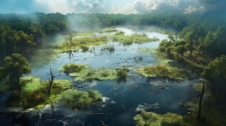 aerial view of a swampy area resembling the mystical landscapes depicted by artists like raphael lacoste and jarosaw janikowski. this photo, rendered in maya, showcases a photo-realistic apocalypse landscape with hints of mystical creatures. the style is reminiscent of peder mork monsted's detailed and captivating landscapes. ai generatedの素材