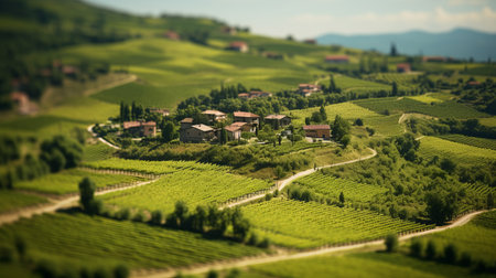 a small village nestled near a vine-covered mountain, captured beautifully in the tilt-shift photography style. this enchanting scene, reminiscent of giorgio barbarelli da castelfranco's work, showcases intricate miniatures sculpted with the lensbaby composer pro ii and edge 50 optic. the combination of light green and maroon hues adds a captivating touch to this mesmerizing composition, evoking the artistry of charles spencelayh. ai generatedの素材
