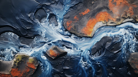 an abstract painting featuring fluid motion and vibrant colors created with spray techniques. the style is reminiscent of dark orange and dark azure hues, with hyper-realistic depictions of flowing water and textured industrial fragments. the artwork showcases intricate details inspired by norwegian nature, while also incorporating elements of liquid metal. ai generatedの素材