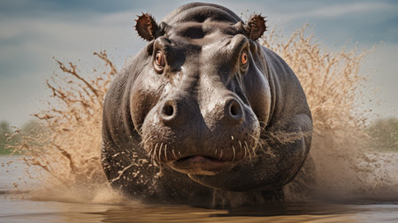 a powerful and emotive portrait of a raptor and hippo in the water, captured in the style of hendrick cornelisz vroom's motion blur panorama. the water splashes add a dynamic element to the image, while the strong facial expression of the animals and explosive pigmentation create a visually striking scene reminiscent of arthur sarnoff's artwork. ai generatedの素材