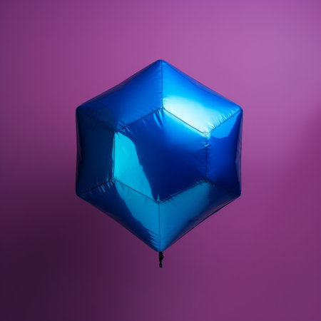 a blue cube-shaped balloon floats against a vibrant purple background in this conceptual installation art photograph. the softbox lighting enhances the metallic rotation of the balloon, creating an abstract and minimalist composition. this image is perfect for appreciators of redshift, pop-inspired imagery, and dynamic and dramatic compositions. ai generatedの素材