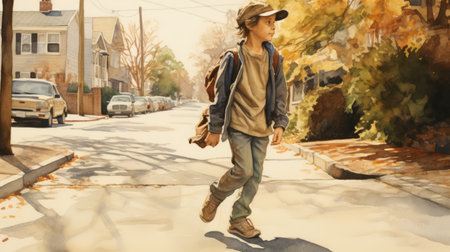 a boy walks down a street, holding a baseball in a realistic watercolor drawing. the artwork, inspired by the styles of michael page and paul hedley, showcases earthy colors and captures the essence of everyday life. the golden light and large-scale canvas add depth and vibrancy to this captivating piece. ai generatedの素材