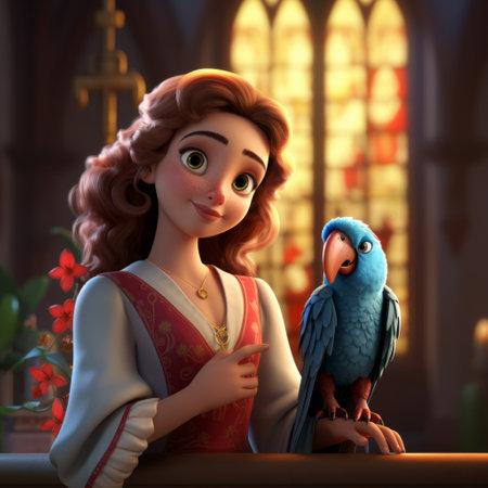 a girl dressed as a princess stands in a church, accompanied by a parrot. this disney-style animated scene, created by klaus pillon, combines realism with a touch of romance. the bold character designs and luminous quality of the artwork make it visually striking. the composition also features a figura serpentinata, adding a sense of movement and immersion to the image. ai generatedの素材
