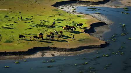 aerial view of a couple walking in a water area, showcasing the rural life in a national geographic-style depiction. this photo, rendered in unreal engine with vray tracing, captures the essence of dansaekhwa and the art of burma. it also features stunningly realistic equine paintings. ai generatedの素材