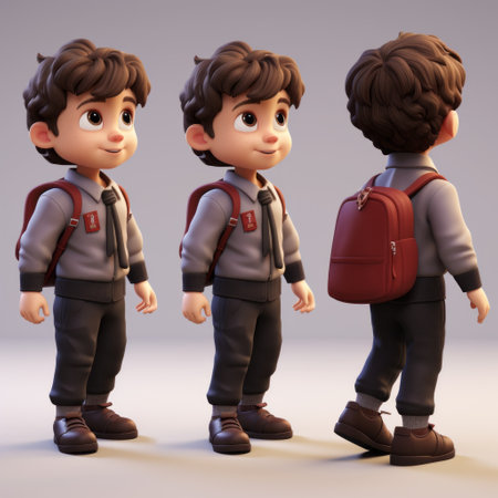 a boy wearing a school uniform and carrying a backpack is depicted in this photo. the image showcases a hard surface modeling style with a cartoonish character design. the sculpture appears realistic and has a shiny, glossy finish. the artwork combines elements of transavanguardia and multiple styles, incorporating traditional techniques. ai generatedの素材